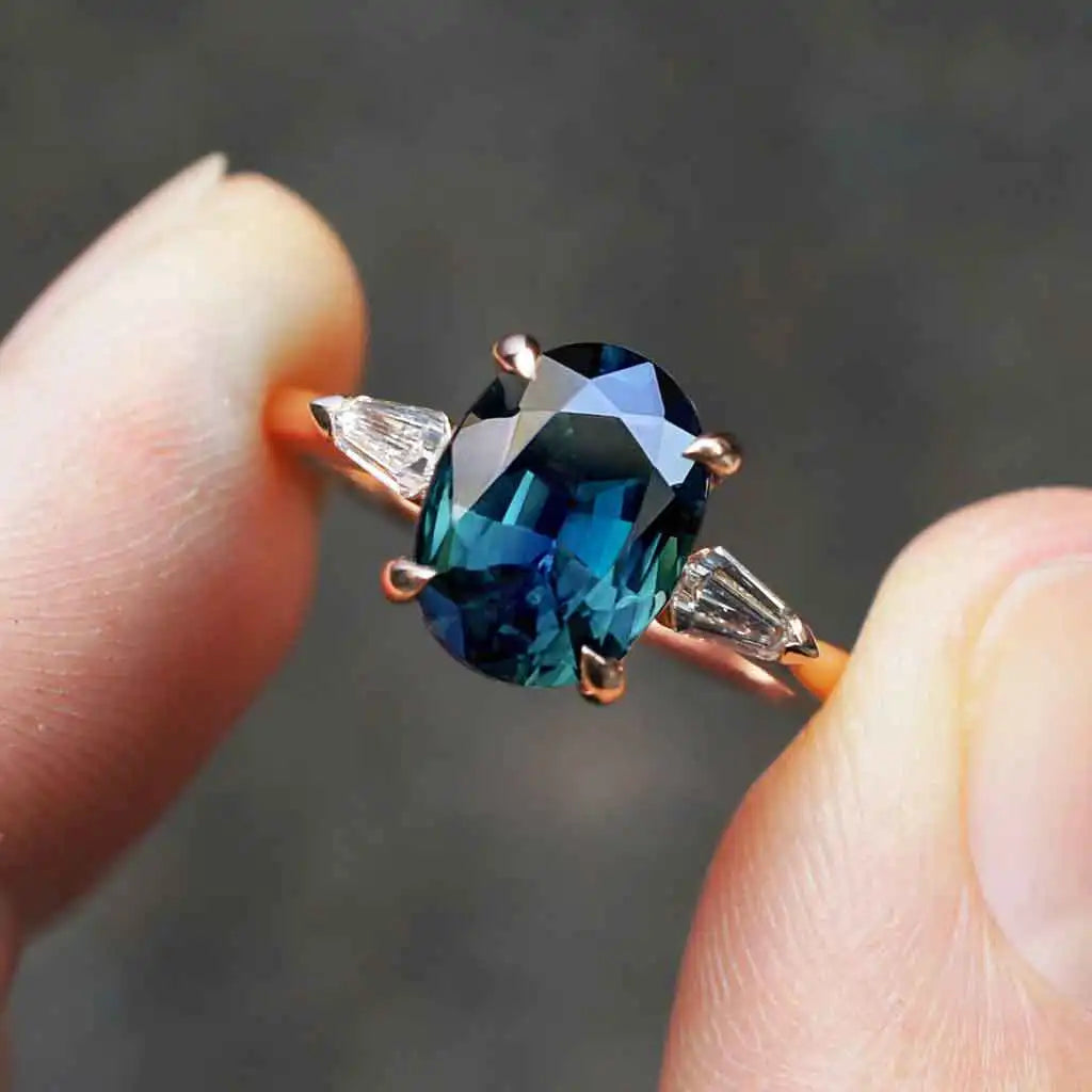 Perth 2.08ct oval Australian teal sapphire diamond kite engagement ring by Australian jeweller Lizunova Fine Jewels
