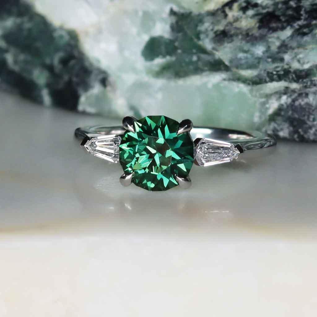 Perth | Round teal sapphire kite diamond engagement ring - Lizunova Fine Jewels
