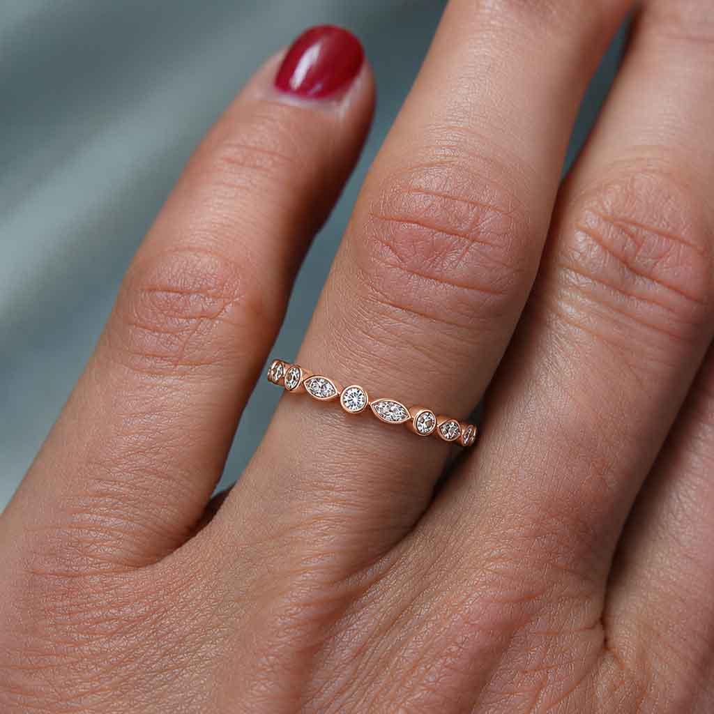 Marquise and round diamond wedding band in 18k rose gold, handcrafted in Sydney by Lizunova