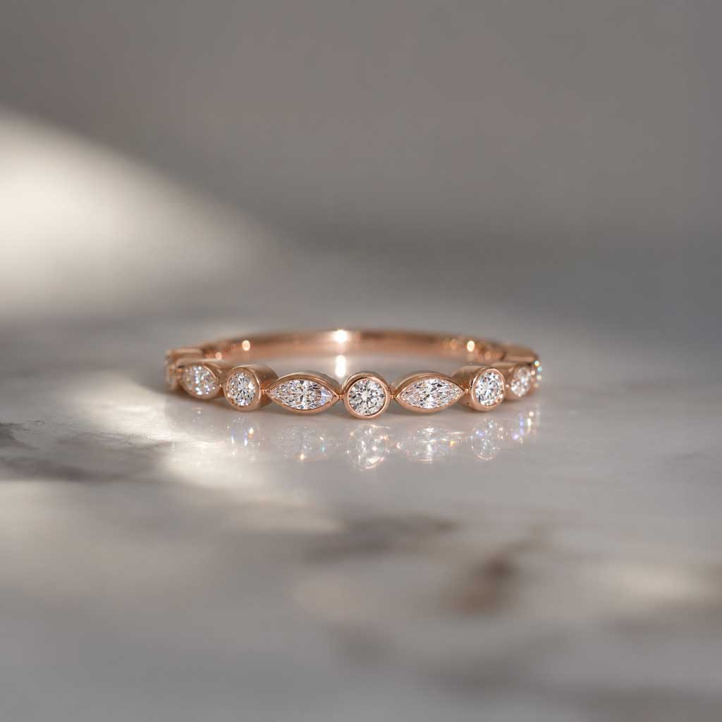 Marquise and round diamond wedding band in 18k rose gold, handcrafted in Sydney by Lizunova