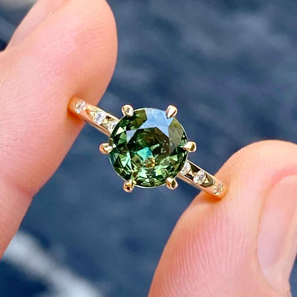 Australian parti teal sapphire bespoke engagement rings Sydney jeweller Lizunova Fine Jewels Sydney Australia SKU00154-1