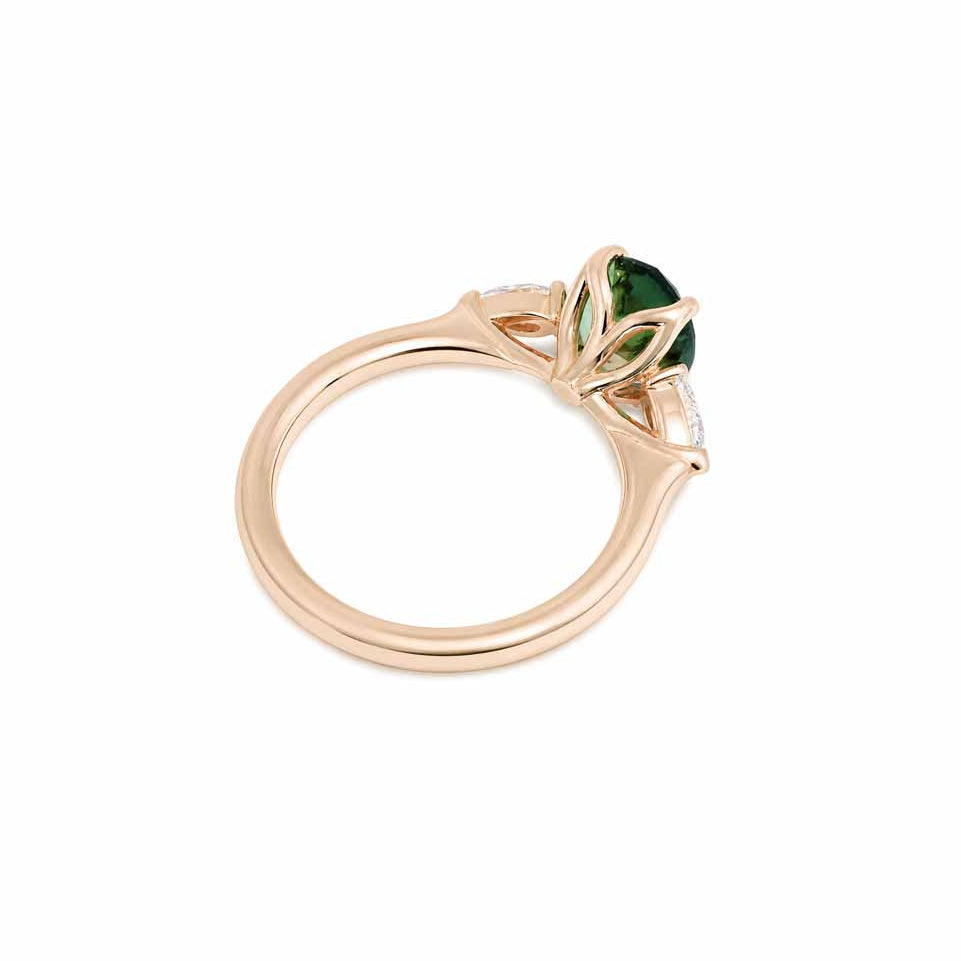 Oval Australian parti sapphire and diamond trilogy engagement ring with a tulip setting, handcrafted in Sydney by Lizunova