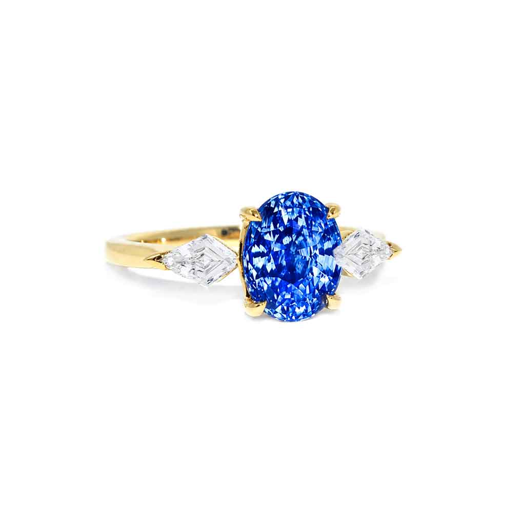 Oval cornflower blue Ceylon sapphire and kite diamond engagement ring, by Sydney jeweller Lizunova Fine Jewels, Australia