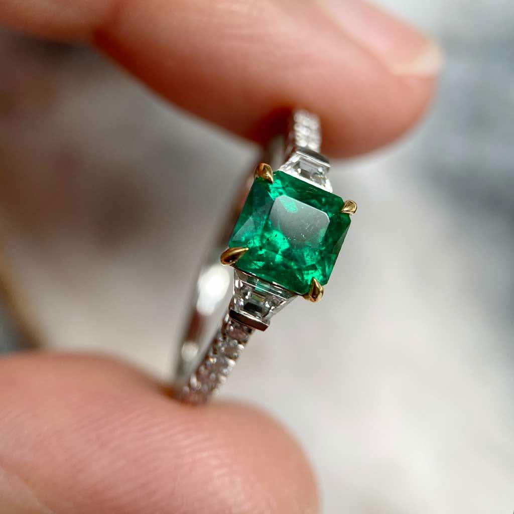 Natural Colombian emerald and diamond ring in platinum and 18k gold by Sydney jeweller Lizunova Fine Jewels, Australia