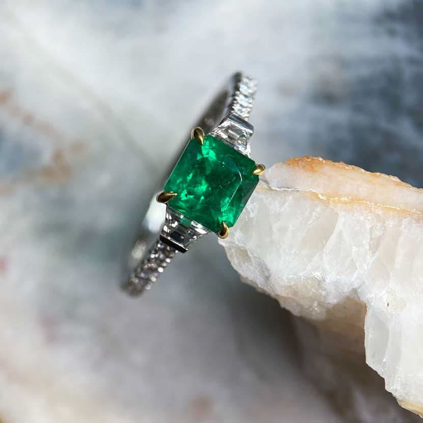 Natural Colombian emerald and diamond ring in platinum and 18k gold by Sydney jeweller Lizunova Fine Jewels, Australia