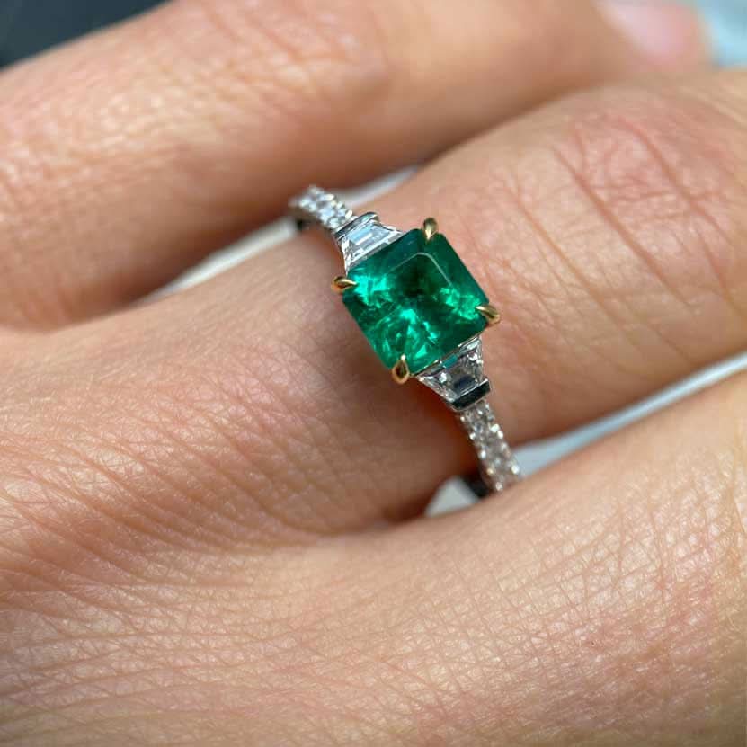 Natural Colombian emerald and diamond ring in platinum and 18k gold by Sydney jeweller Lizunova Fine Jewels, Australia