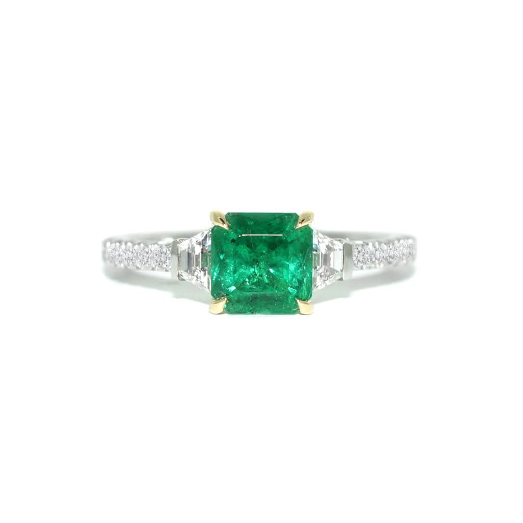 Natural Colombian emerald and diamond ring in platinum and 18k gold by Sydney jeweller Lizunova Fine Jewels, Australia