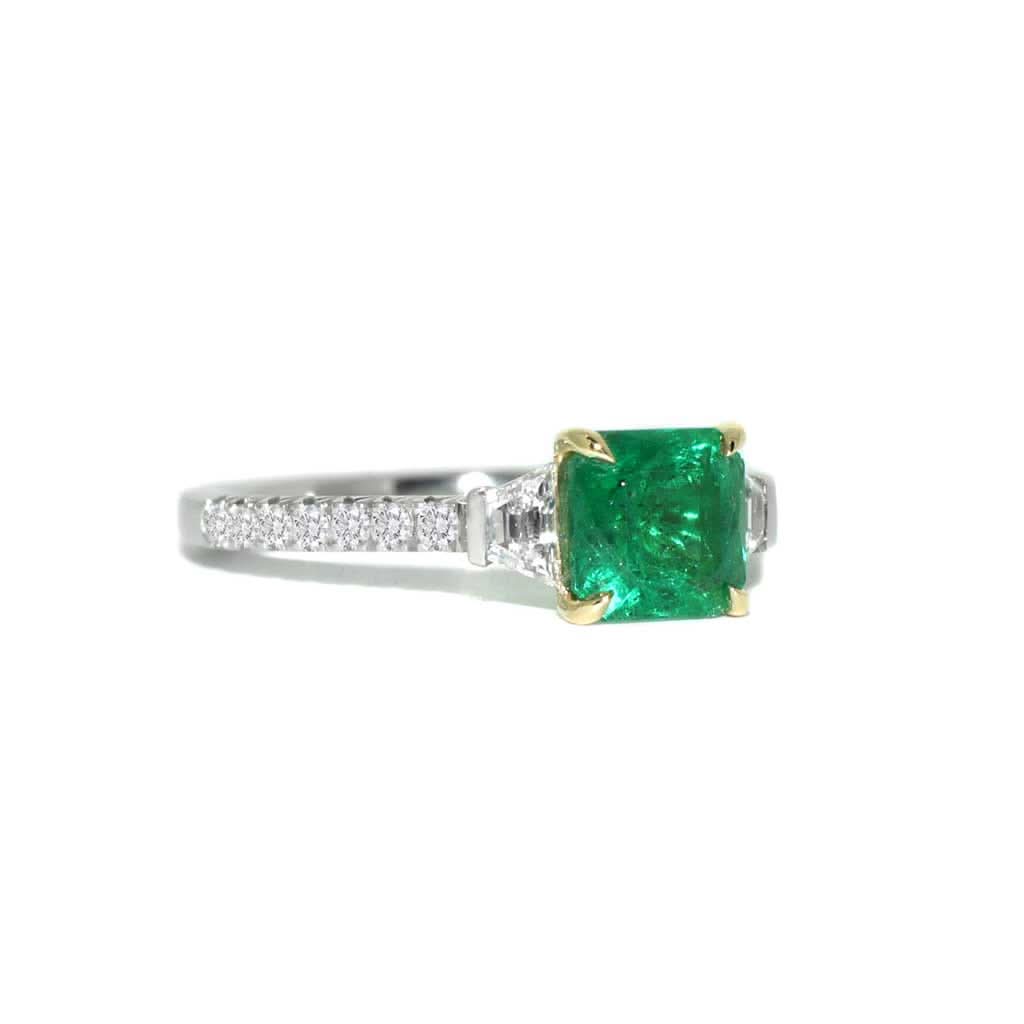 Natural Colombian emerald and diamond ring in platinum and 18k gold by Sydney jeweller Lizunova Fine Jewels, Australia