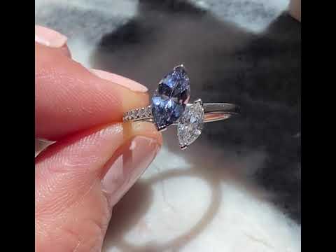 Bespoke toi et moi marquise cut grey spinel and marquise cut natural diamond engagement ring in platinum, by Australian jeweller Lizunova, Sydney NSW