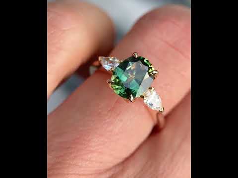 Oval Australian parti sapphire and diamond trilogy engagement ring with a tulip setting, handcrafted in Sydney by Lizunova