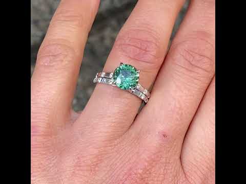 Round Madagascan green sapphire & diamond engagement ring stacked with a diamond wedding band, Sydney jeweller Lizunova Fine Jewels, Australia