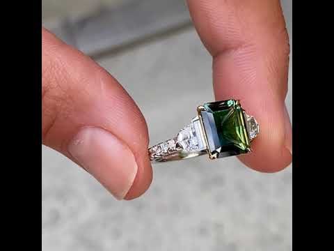 Bespoke emerald radiant cut Australian parti sapphire and diamond engagement ring in platinum and 18k gold, by Sydney jeweller Lizunova Fine Jewels
