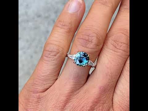 Bespoke Madagascan teal sapphire and diamond engagement ring, Sydney jeweller Lizunova Fine Jewels, Australia