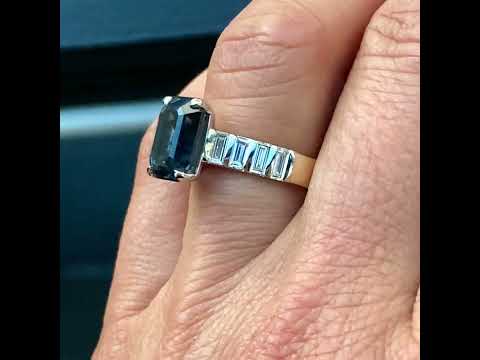Bespoke emerald cut grey spinel and baguette diamond engagement ring handcrafted in platinum & 18k gold by Sydney jeweller Lizunova, Australia