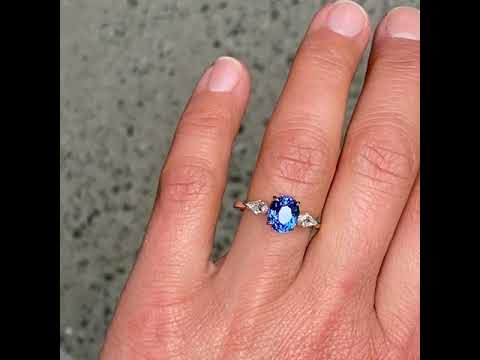 Oval cornflower blue Ceylon sapphire and diamond engagement ring, by Sydney jeweller Lizunova Fine Jewels, Australia