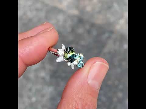 Bespoke asymmetric Australian teal and parti sapphire & diamond engagement ring, Sydney jeweller Lizunova Fine Jewels