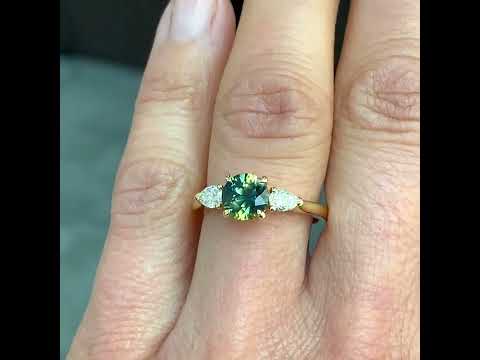 Round Australian parti sapphire and diamond trilogy engagement ring, Sydney jeweller Lizunova Fine Jewels, Australia