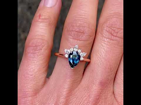 Bella pear cut Madagascan teal sapphire diamond halo engagement ring, Sydney jeweller Lizunova Fine Jewels, Australia