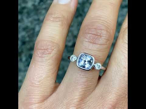 Verona vintage inspired natural grey spinel and diamond trilogy ring in 18k white gold, with milgrain detail on the bezel, by Sydney jeweller Lizunova Fine Jewels