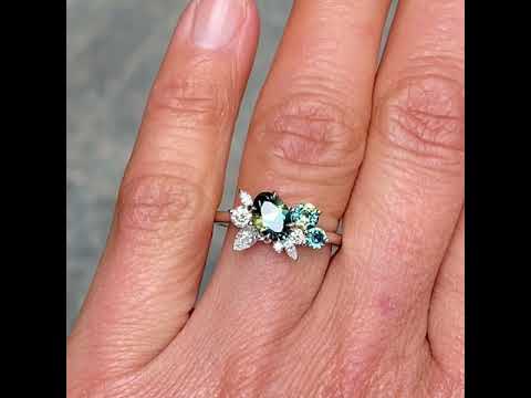 Bespoke Australian parti sapphire & diamond asymmetric engagement ring, by Sydney jeweller Lizunova Fine Jewels