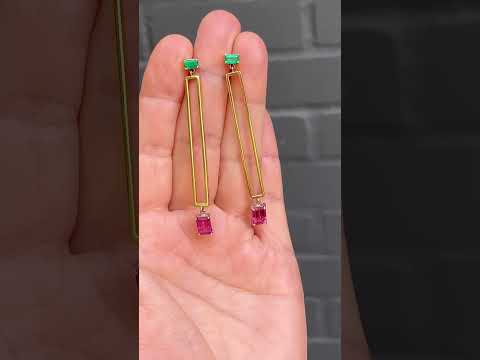 'Manhattan' Art Deco inspired design drop earrings in 18k gold with natural Colombian emeralds & natural pink spinels, by Sydney jeweller Lizunova Fine Jewels