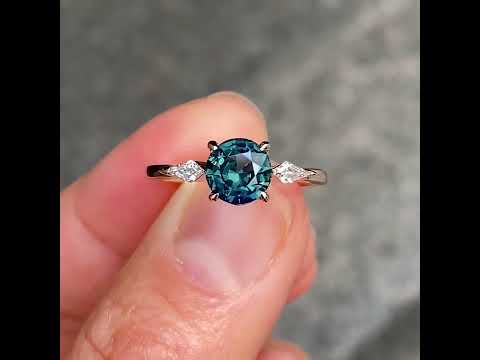 Vera round teal sapphire and diamond kite ring, Sydney jeweller Lizunova Fine Jewels, Australia