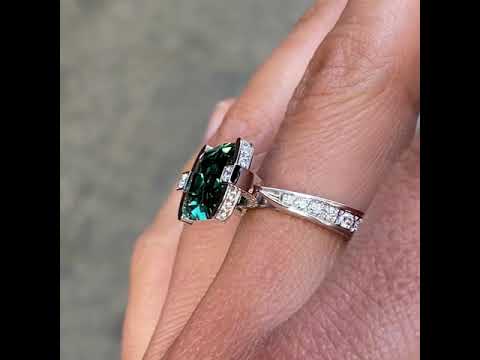Atlantic ladies dress ring in platinum with teal tourmaline and diamonds, Sydney jeweller Lizunova Fine Jewels, Australia
