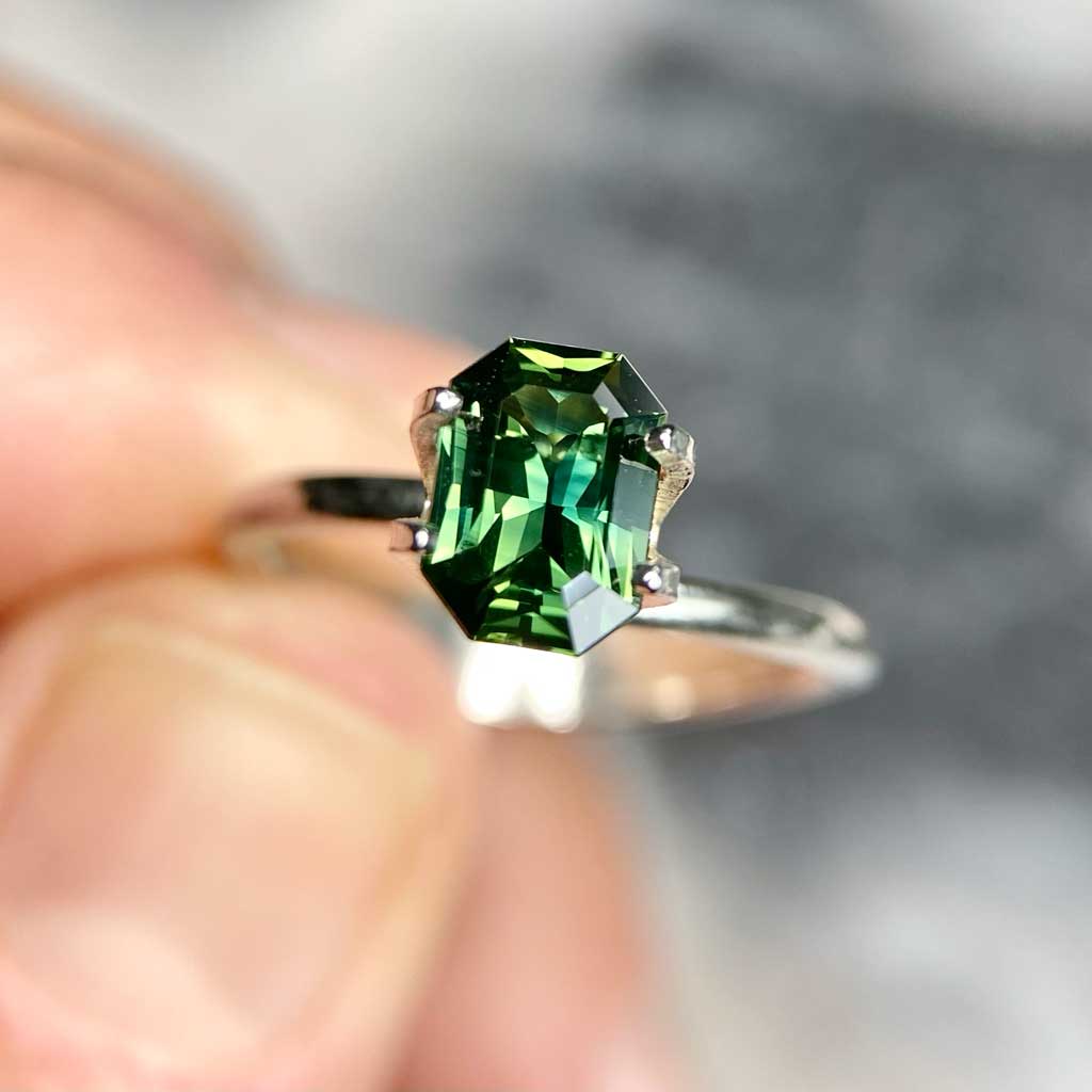 1.39ct emerald radiant cut Australian parti sapphire available for a bespoke engagement ring by Lizunova Fine Jewels