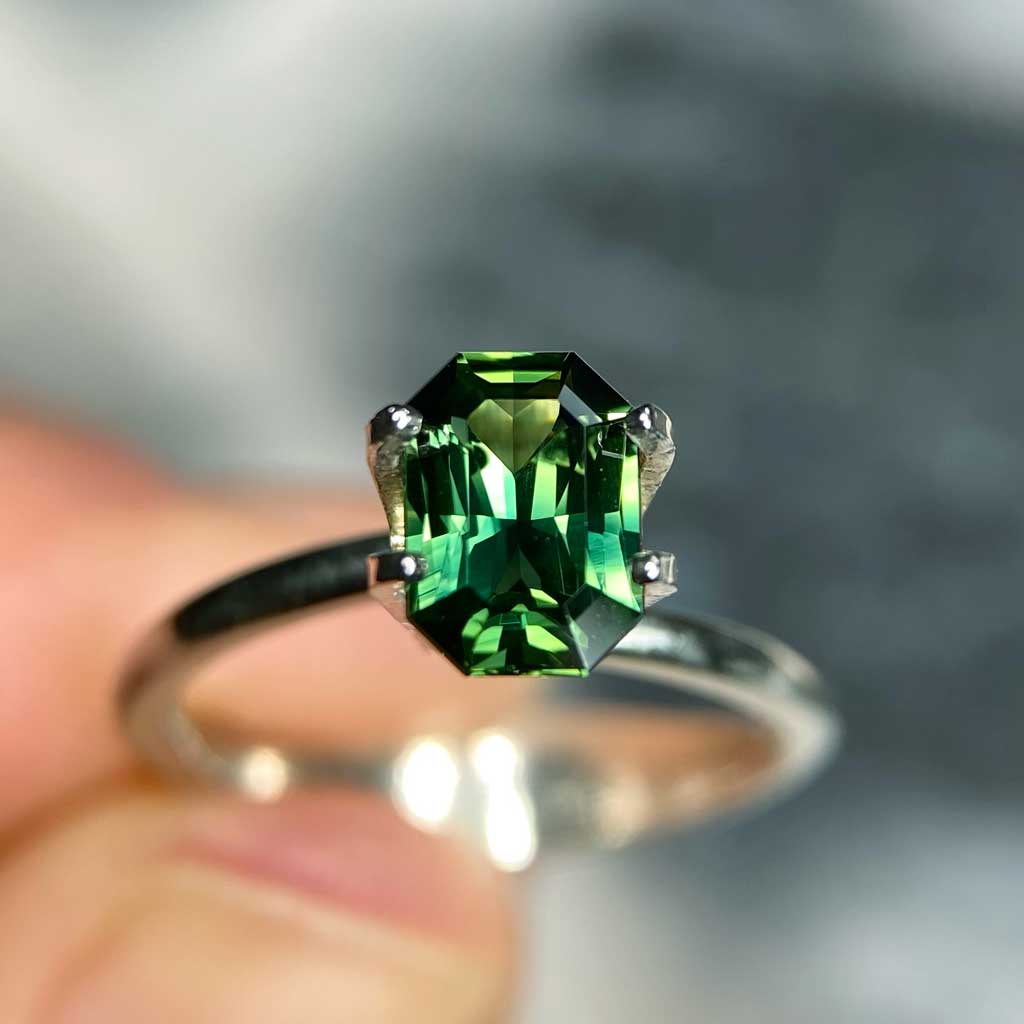 1.39ct emerald radiant cut Australian parti sapphire available for a bespoke engagement ring by Lizunova Fine Jewels