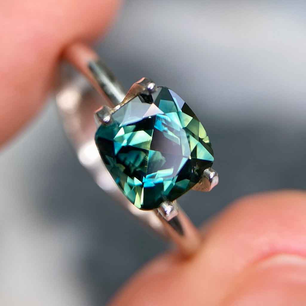 1.91ct cushion cut Australian teal parti sapphire
