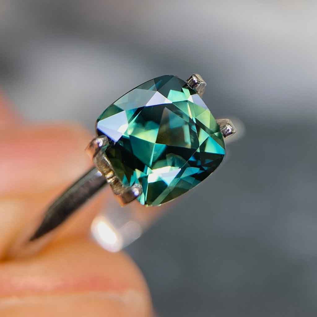 1.91ct cushion cut Australian teal parti sapphire