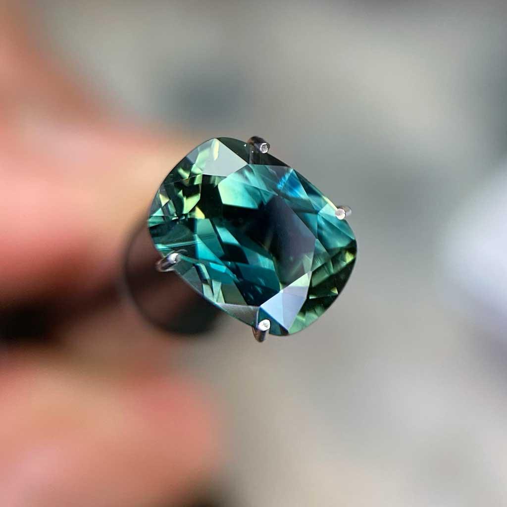 1.9ct cushion cut Australian teal parti sapphire - Lizunova Fine Jewels