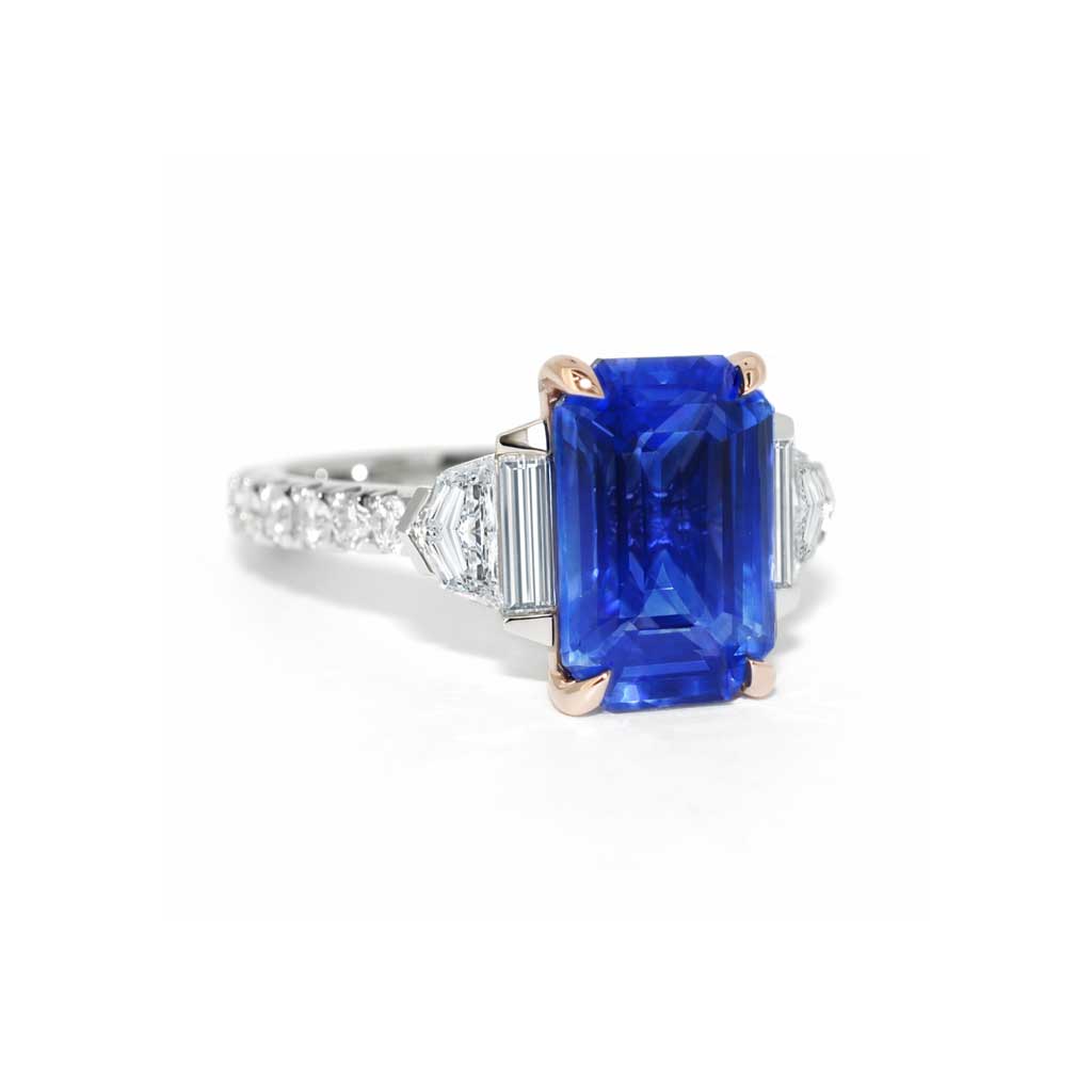 Annick | Emerald cut blue sapphire diamond engagement ring by Sydney jeweller Lizunova