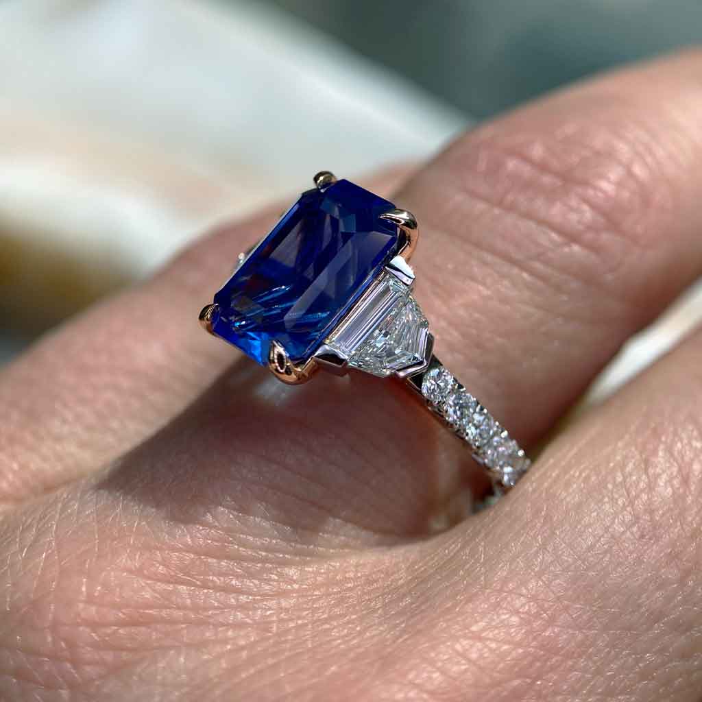 Annick | Emerald cut blue sapphire diamond engagement ring