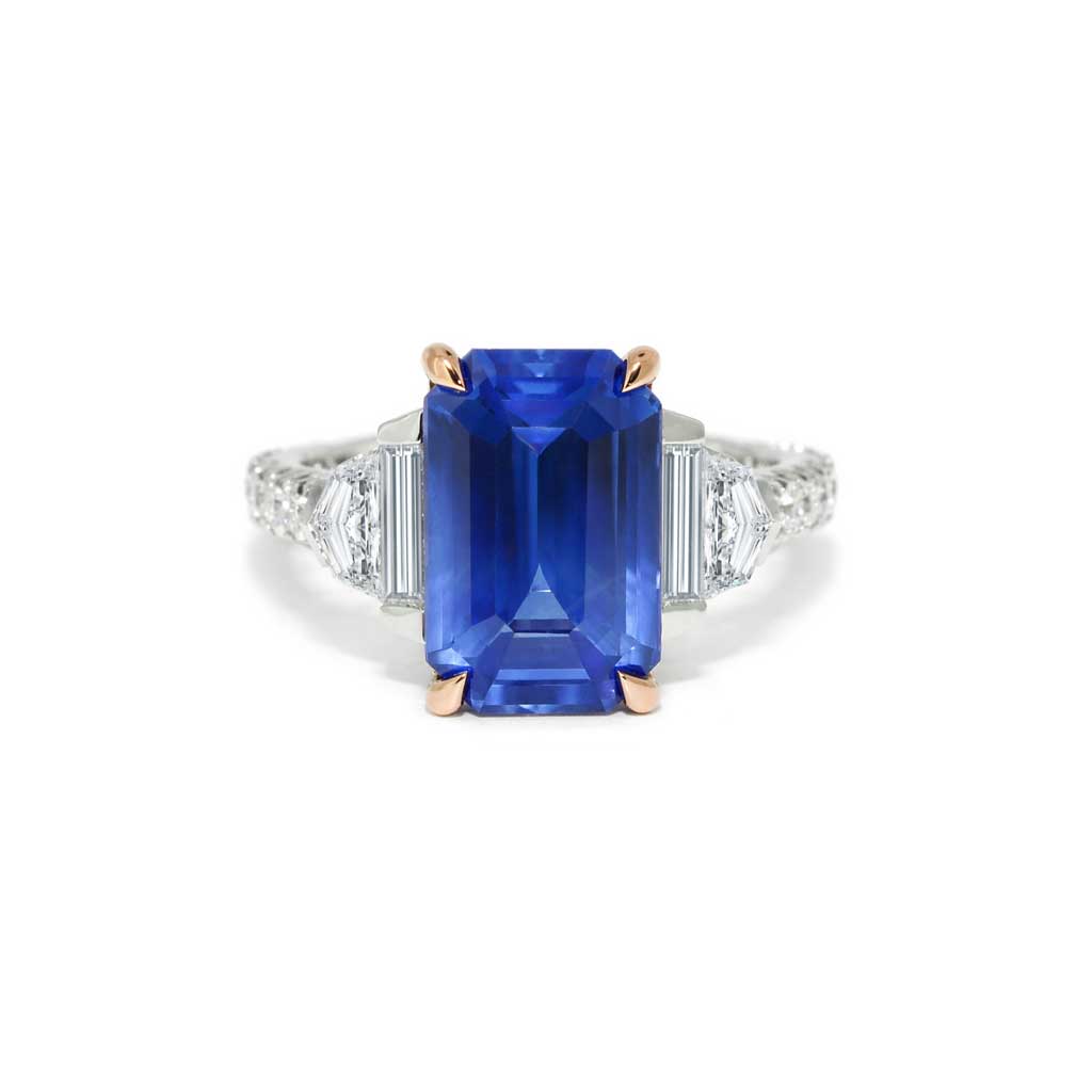 Annick | Emerald cut blue sapphire diamond engagement ring by Sydney jeweller Lizunova