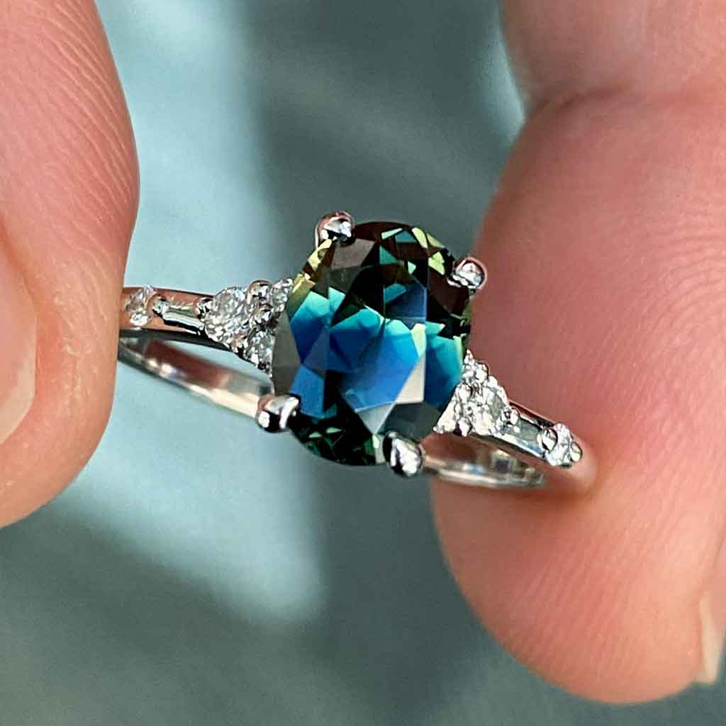 Oval-Australian-teal-parti-sapphire-diamond-engagement-ring-platinum-Lizunova-Fine-Jewels-Sydney-jeweller