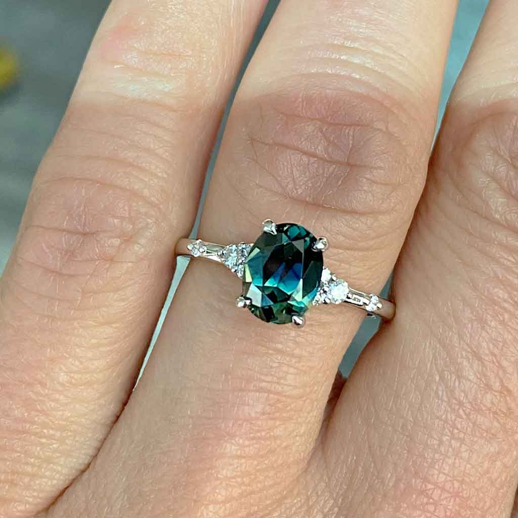 Oval-Australian-teal-parti-sapphire-diamond-engagement-ring-platinum-Lizunova-Fine-Jewels-Sydney-jeweller
