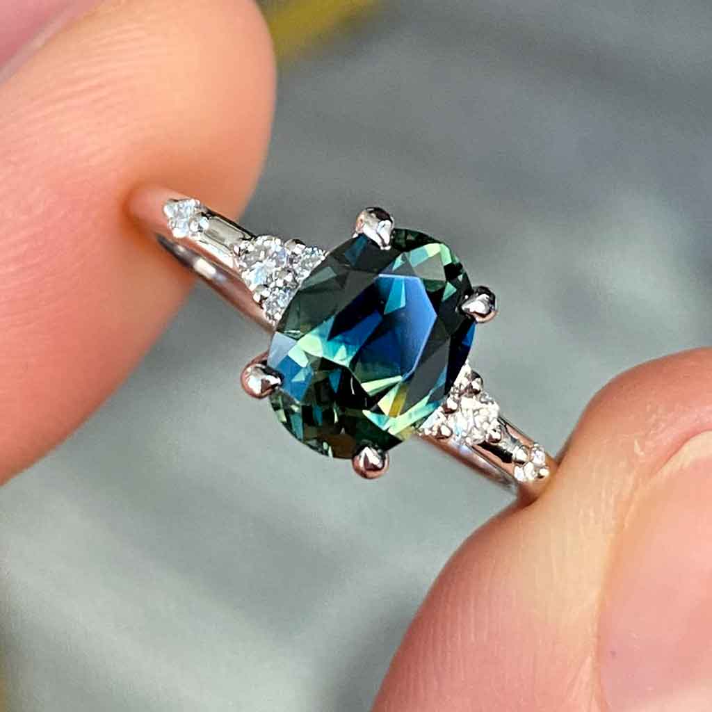 Oval-Australian-teal-parti-sapphire-diamond-engagement-ring-platinum-Lizunova-Fine-Jewels-Sydney-jeweller