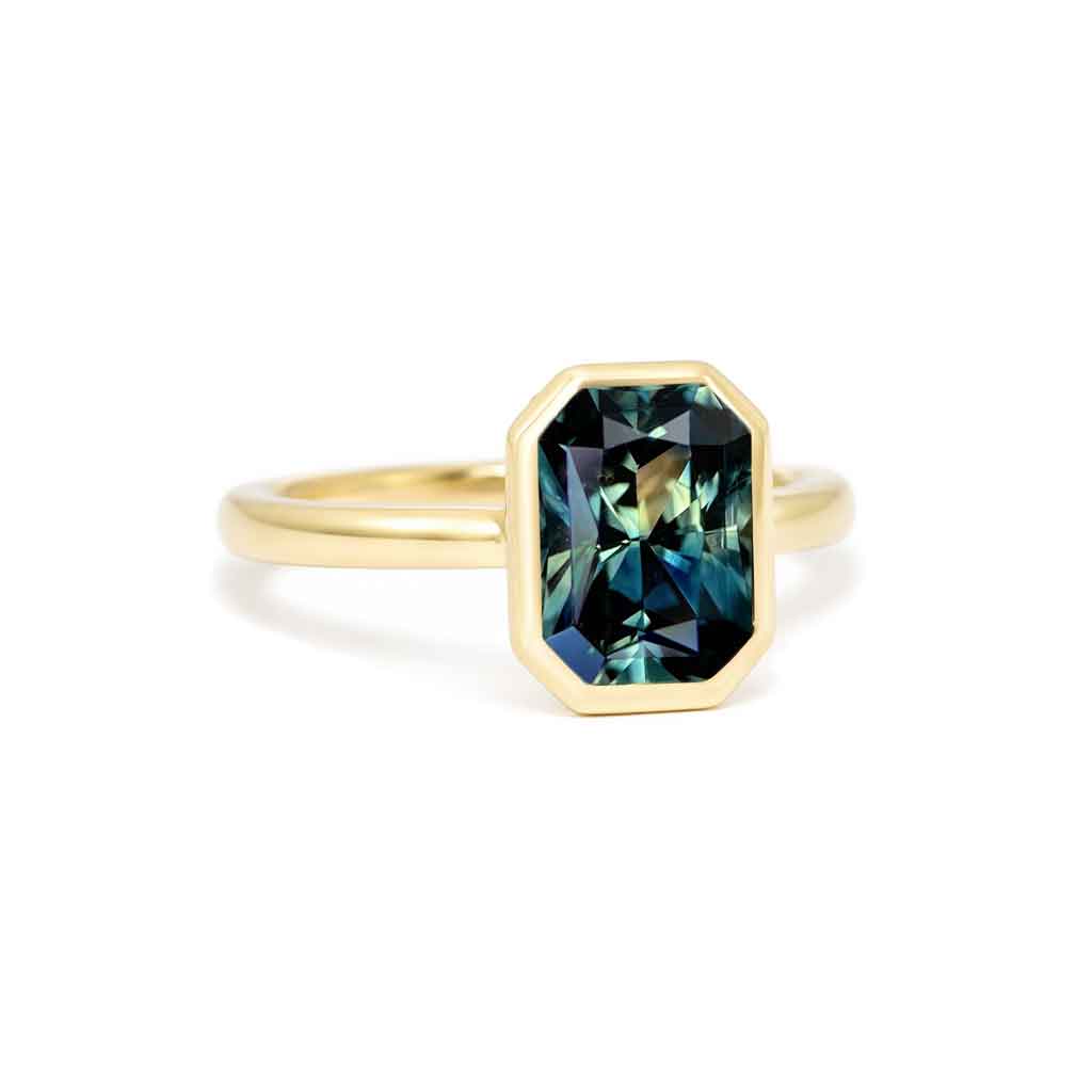 Arina bezel set emerald cut Australian parti sapphire engagement ring - Lizunova Fine Jewels