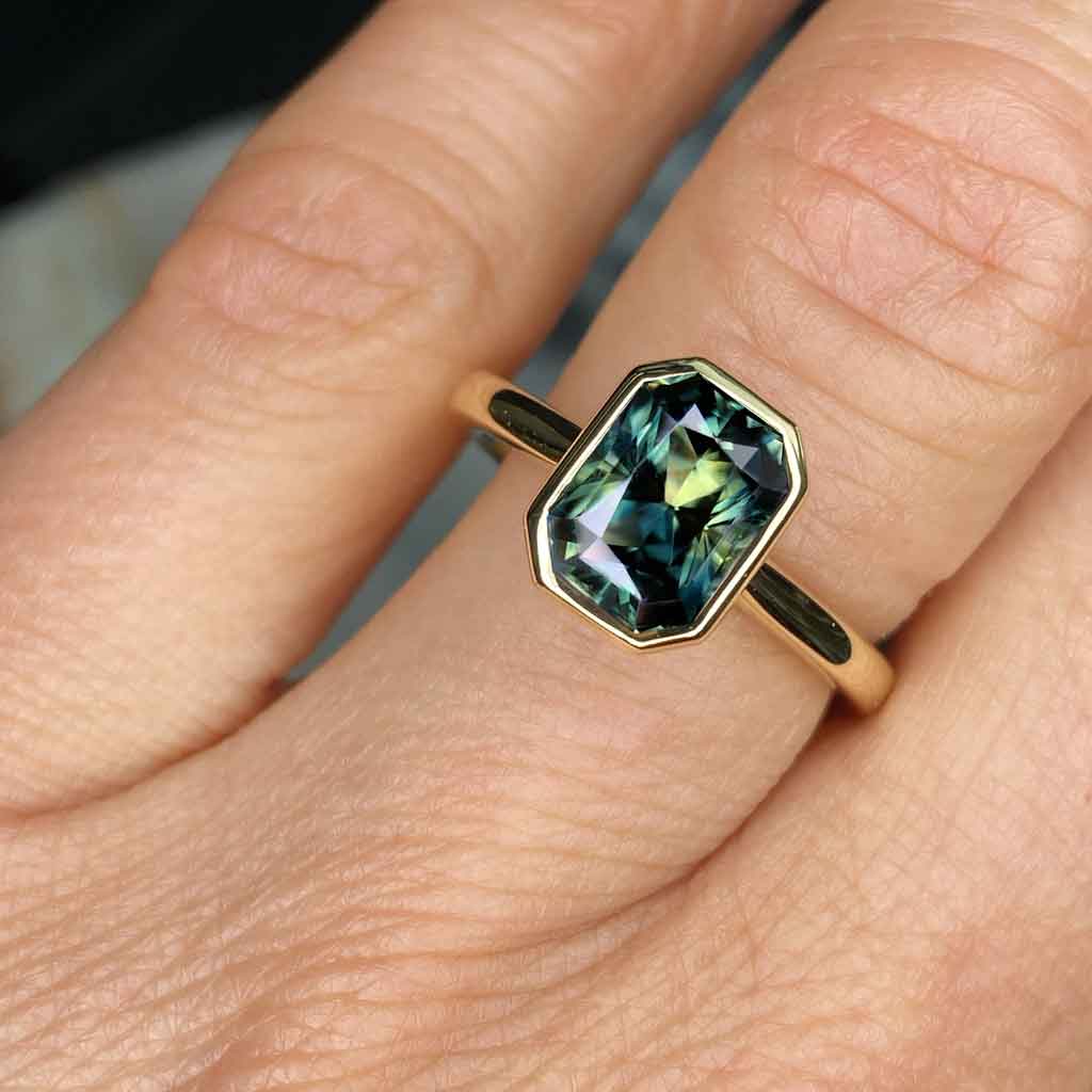 Arina bezel set emerald cut Australian parti sapphire engagement ring - Lizunova Fine Jewels
