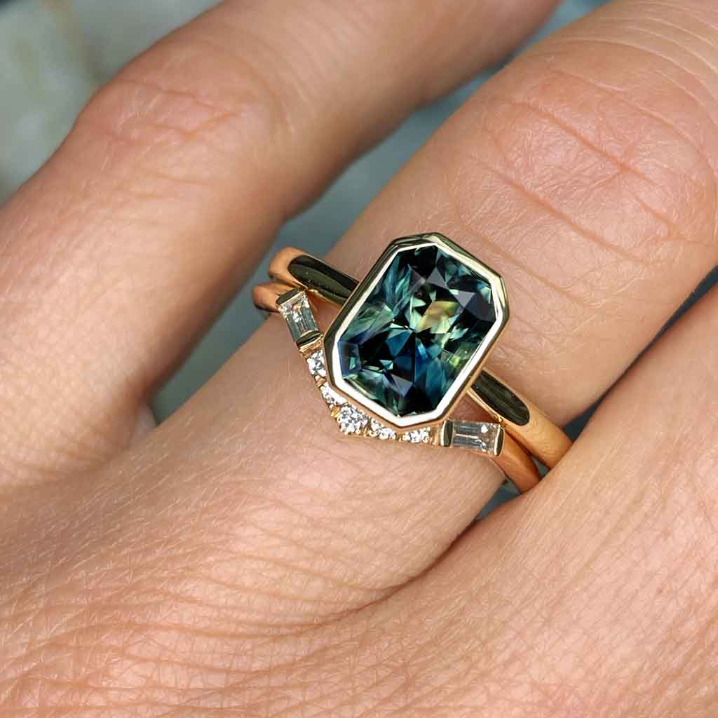 Arina bezel set emerald cut Australian parti sapphire engagement ring - Lizunova Fine Jewels