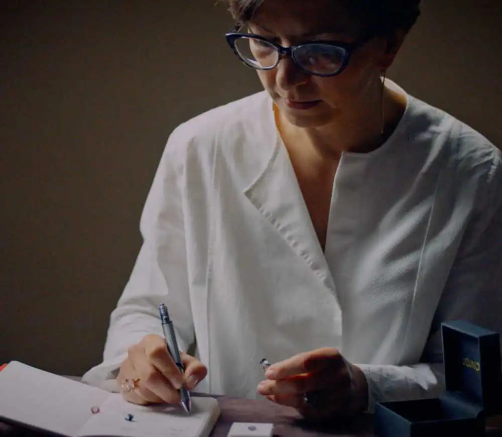 Bespoke Australian jewellery designer Maria Lizunova, of Lizunova Fine Jewels, sketching custom engagement ring designs, with loose sapphires and diamonds on the desk.