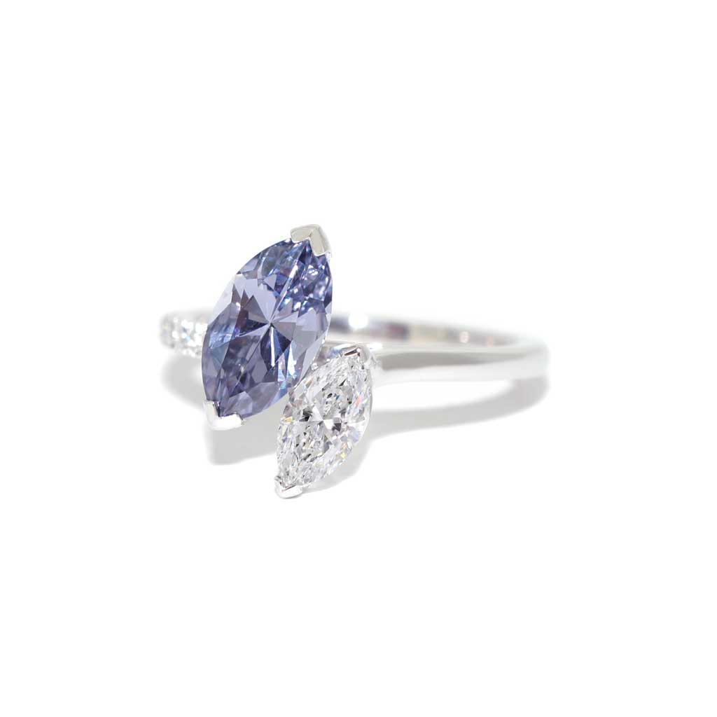 Bespoke toi et moi marquise cut grey spinel and marquise cut natural diamond engagement ring in platinum, by Australian jeweller Lizunova, Sydney NSW