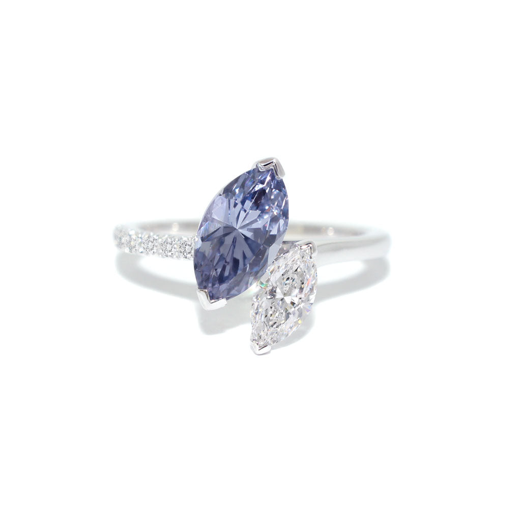 Bespoke toi et moi marquise cut grey spinel and marquise cut natural diamond engagement ring in platinum, by Australian jeweller Lizunova, Sydney NSW