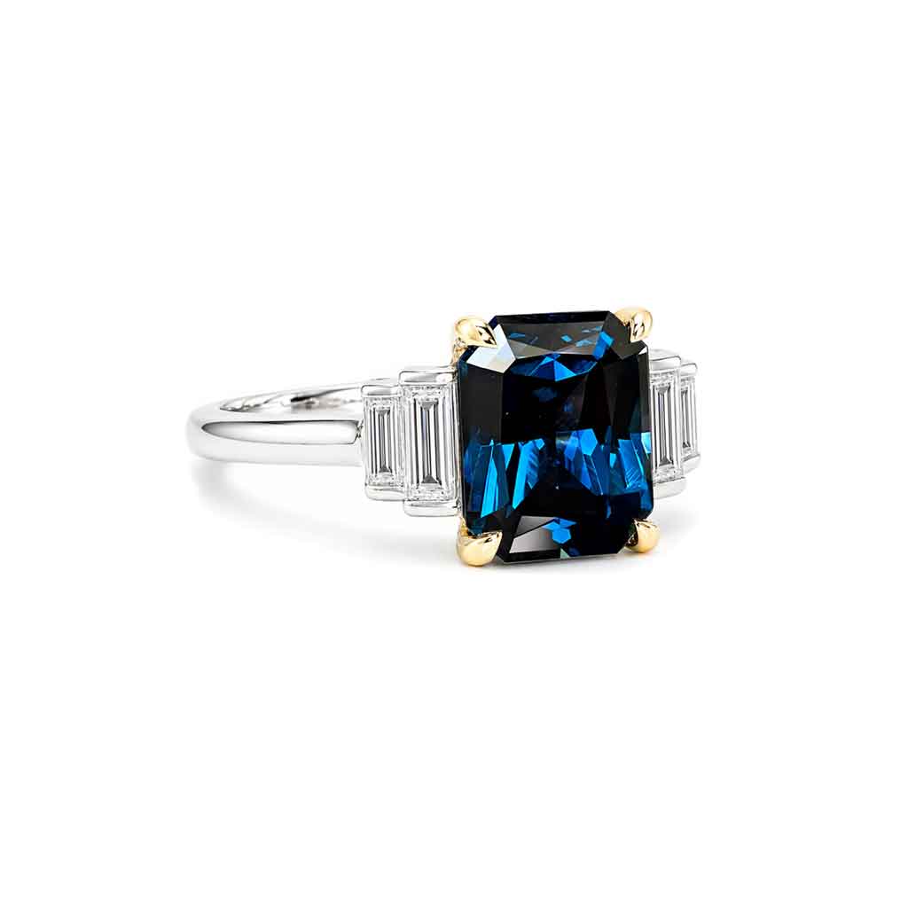 Celine - Art Deco emerald cut sapphire & diamond engagement ring - Lizunova