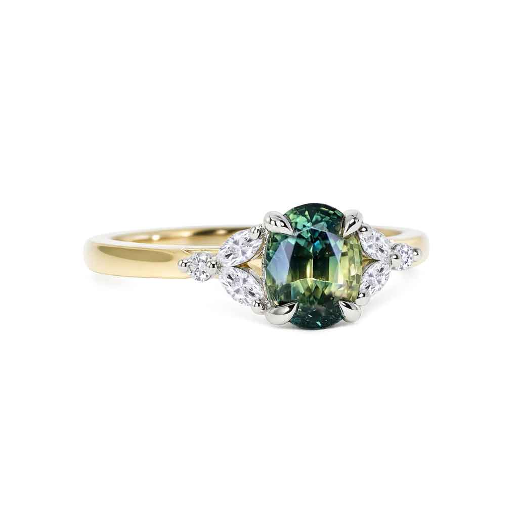 Floral design oval parti sapphire & marquise diamond engagement ring - Lizunova