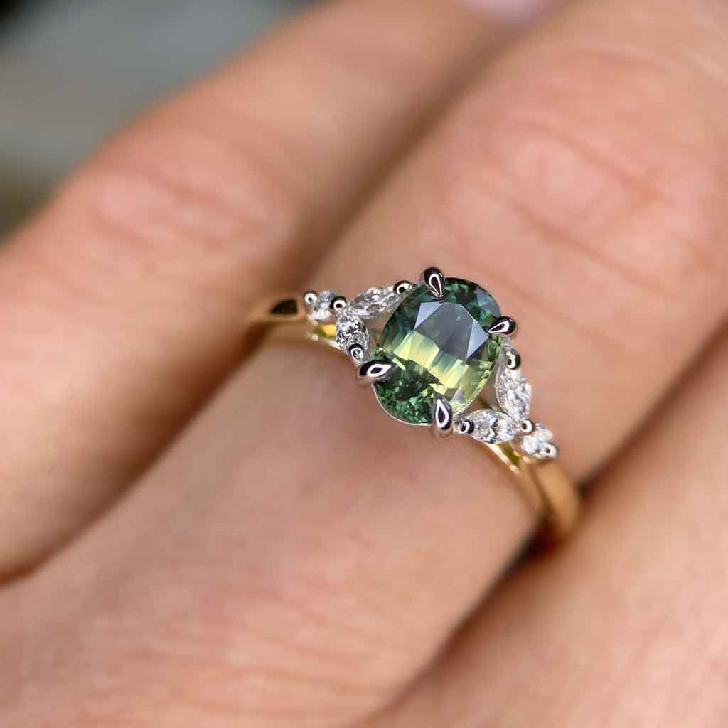 Floral design oval parti sapphire & marquise diamond engagement ring - Lizunova