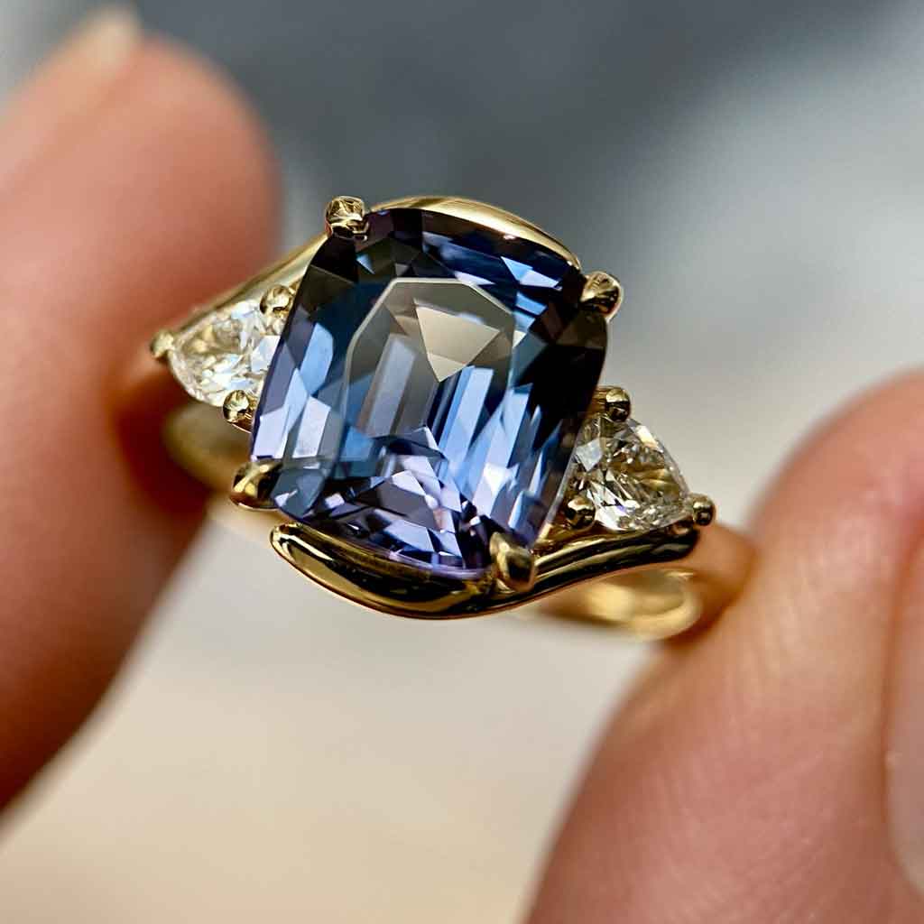 Kaia - Grey spinel & diamond bypass trilogy engagement ring - Lizunova Fine Jewels