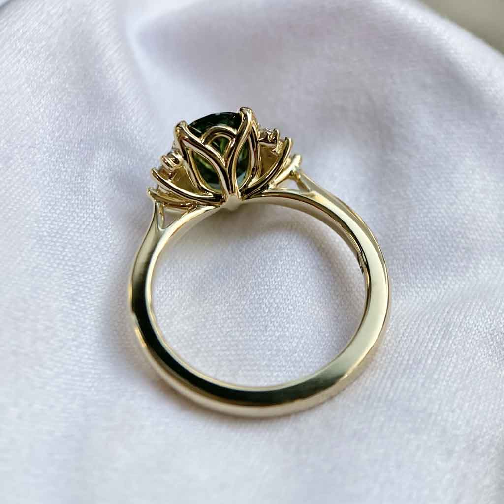 Lotus - Oval Australian teal sapphire & diamond cluster engagement ring - Lizunova
