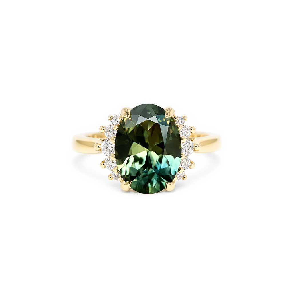 Lotus - Oval Australian teal sapphire & diamond cluster engagement ring - Lizunova